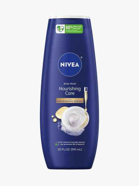 Nivea Nourishing Care Body Wash in branded component on a light gray background