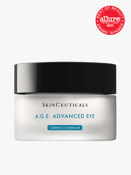 SkinCeuticals A.G.E. Advanced Eye in frosted clear jar with black lid on light gray background with 2023 allure beauty of beauty seal