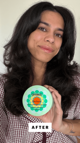 Shipin after applying the Amika The Kure Intense Strength Repair Mask